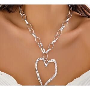 NEW Chunky Silver Heart Necklace Statement Trendy